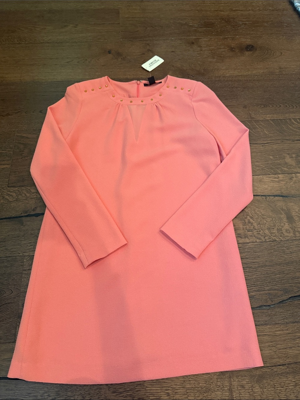 Coral Pink Long-Sleeve Mini Dress with Gold Stud Detail